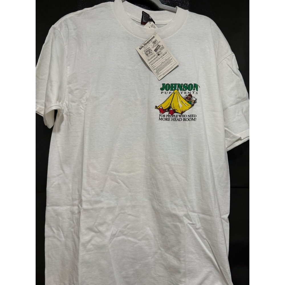 Vintage Johnson Pup Tents Graphic T Shirt White Adult Large Funny Camping